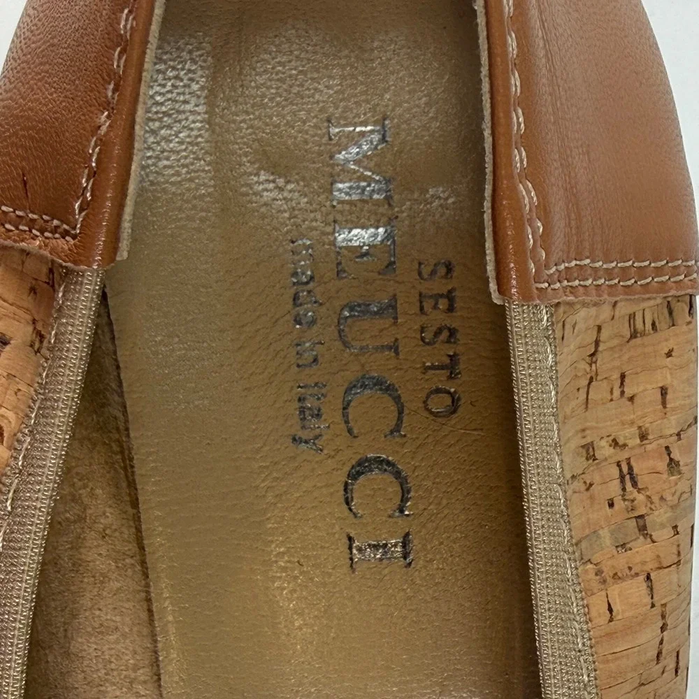 Sesto Meucci Cork Wedge Pumps Tan Leather‎ Cap Toe Made In Italy Women's Size 9